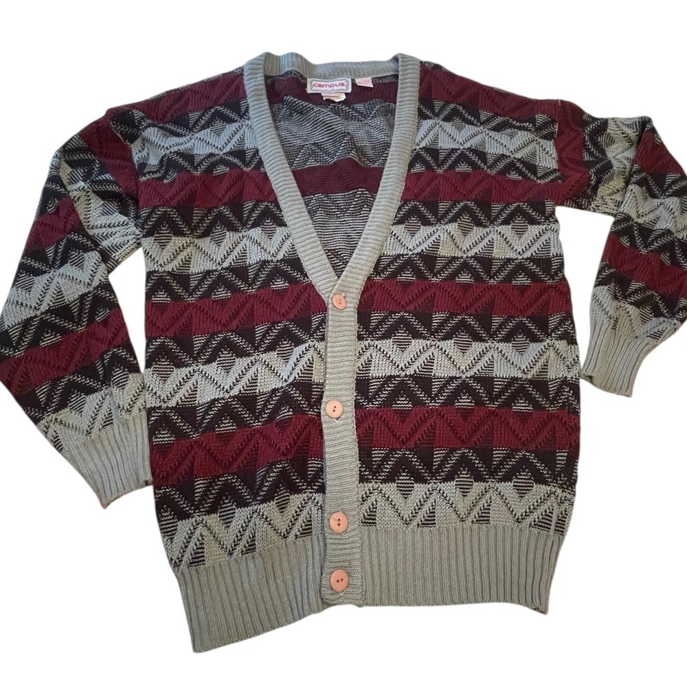 Vintage 80s Campus Cardigan Sweater Mens Large Grandpa Geometric Knit Oversized‎